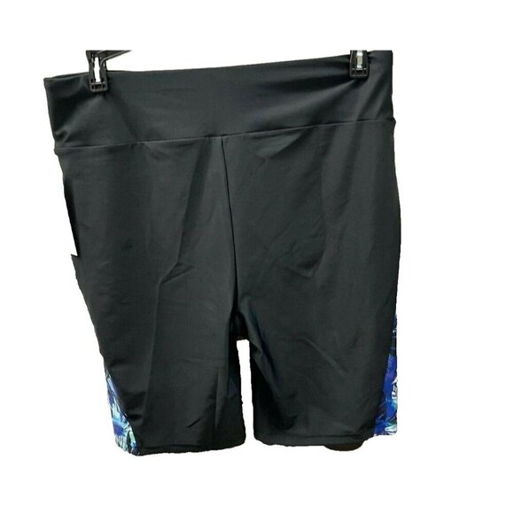 Swimsuits For All 12 Black Leaf Teal Print On Sides Pull-On Swim Bike Shorts - Picture 4 of 5